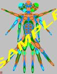 thinman_2, this imaginative and colorful drawing/poster shows three muscle men sharing the same torso